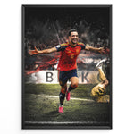 Load image into Gallery viewer, Mikel Merino plakat i Spaniens landsholdstrøje med moderne sort-hvid baggrund og jubelscene
