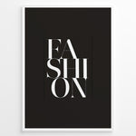 Load image into Gallery viewer, Fashion Plakat | Modern Black &amp; White Fashion Typography Wall Art Plakaty.dk | Black background wall art with the word “FASHION” split vertically in bold white serif typography.
