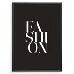 Load image into Gallery viewer, Fashion Plakat | Modern Black &amp; White Fashion Typography Wall Art Plakaty.dk | Black background wall art with the word “FASHION” split vertically in bold white serif typography.
