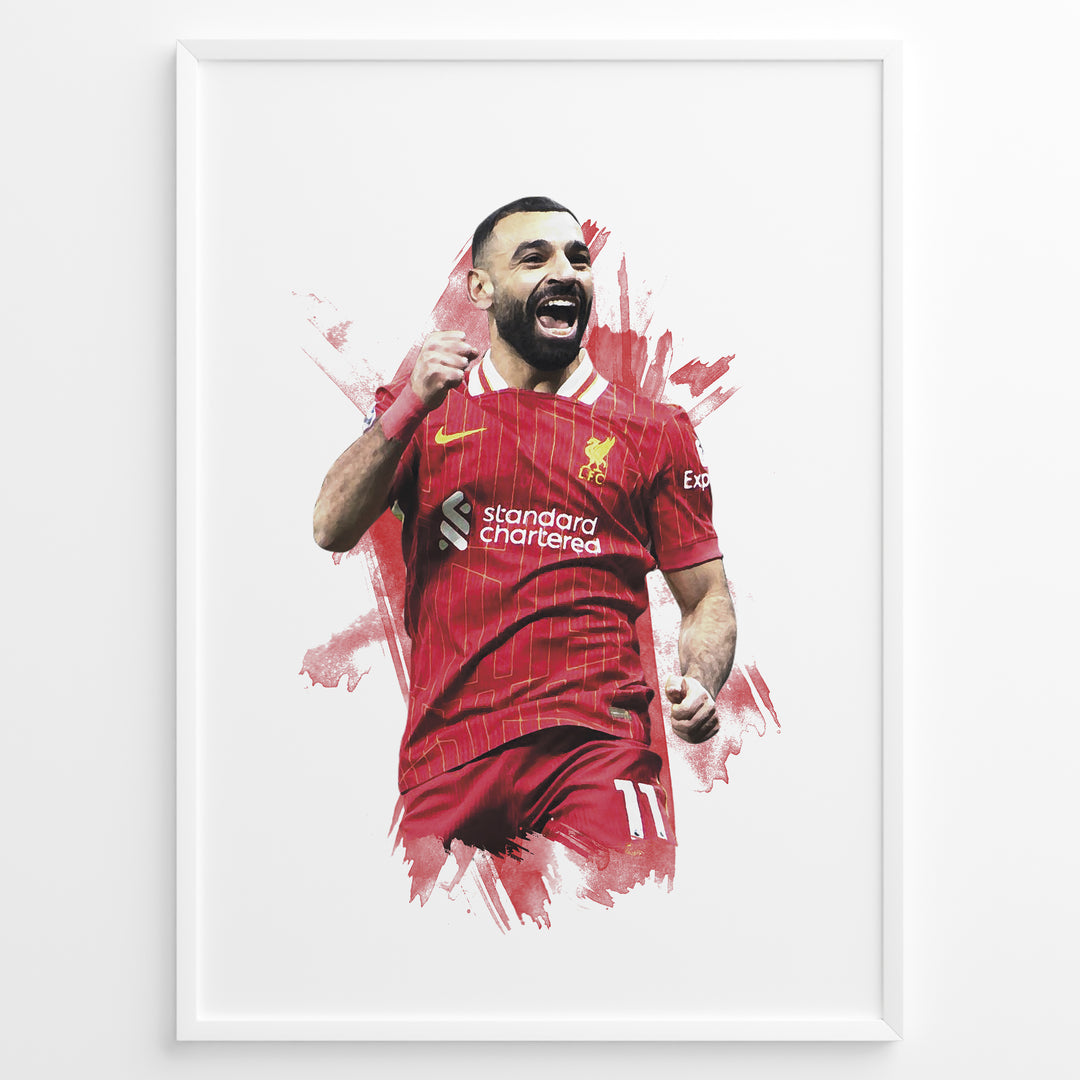 Watercolor-style framed plakat of Mohamed Salah celebrating in a Liverpool FC jersey
