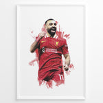 Load image into Gallery viewer, Watercolor-style framed plakat of Mohamed Salah celebrating in a Liverpool FC jersey
