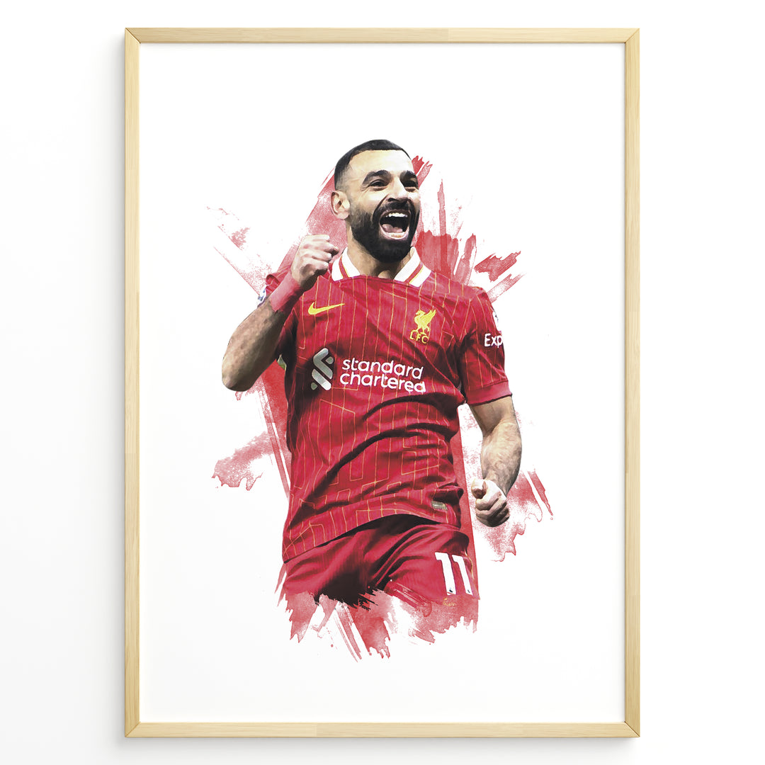Watercolor-style framed plakat of Mohamed Salah celebrating in a Liverpool FC jersey