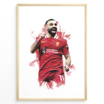 Load image into Gallery viewer, Watercolor-style framed plakat of Mohamed Salah celebrating in a Liverpool FC jersey
