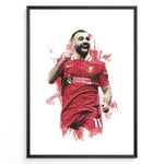 Load image into Gallery viewer, Watercolor-style framed plakat of Mohamed Salah celebrating in a Liverpool FC jersey

