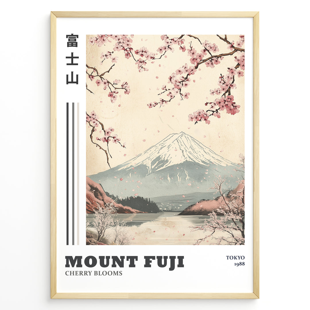 Japanske plakater | Vintage-style illustration of Mount Fuji with cherry blossoms falling over a peaceful lake and distant forest, featuring the text “Tokyo 1988.”