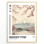 Load image into Gallery viewer, Japanske plakater | Vintage-style illustration of Mount Fuji with cherry blossoms falling over a peaceful lake and distant forest, featuring the text “Tokyo 1988.”
