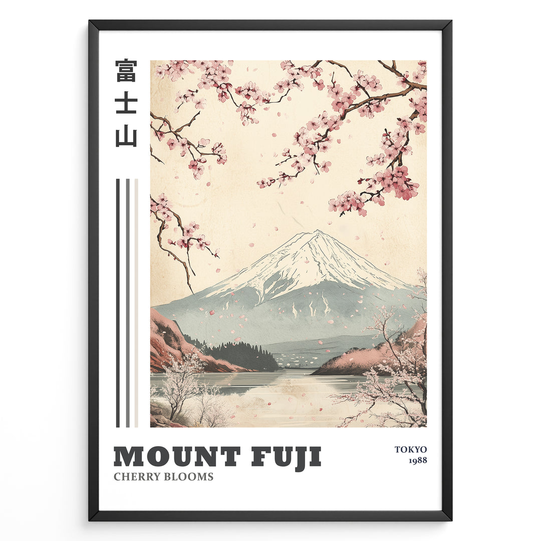 Japanske plakater | Vintage-style illustration of Mount Fuji with cherry blossoms falling over a peaceful lake and distant forest, featuring the text “Tokyo 1988.”