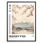 Load image into Gallery viewer, Japanske plakater | Vintage-style illustration of Mount Fuji with cherry blossoms falling over a peaceful lake and distant forest, featuring the text “Tokyo 1988.”
