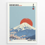 Load image into Gallery viewer, Japanske plakater | Japanese-style poster of Mount Fuji with a red sun in the background and cherry blossoms in the foreground, featuring the text &quot;Honshu Japan&quot; and &quot;Mount Fuji.&quot;
