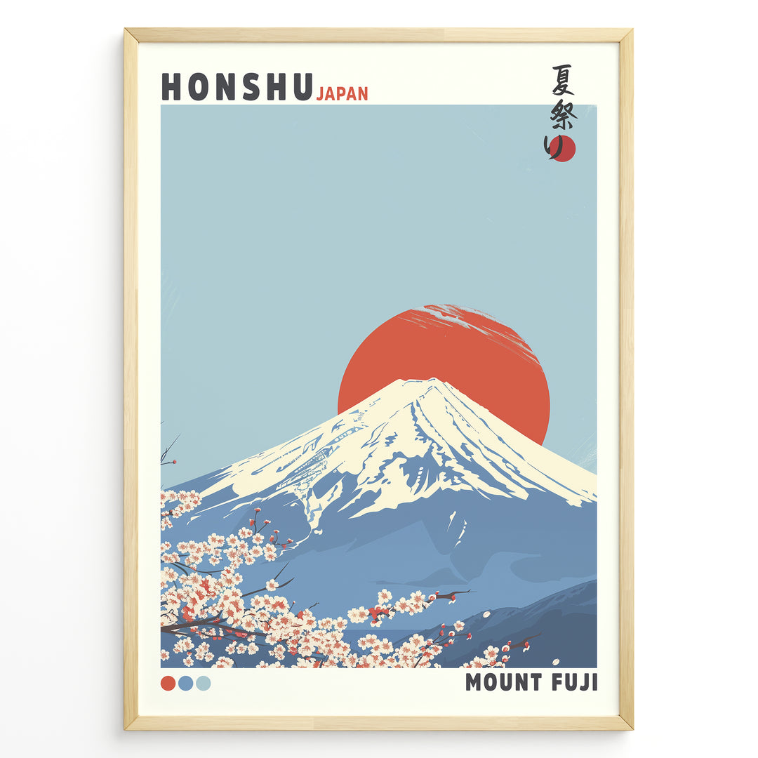 Japanske plakater | Japanese-style poster of Mount Fuji with a red sun in the background and cherry blossoms in the foreground, featuring the text "Honshu Japan" and "Mount Fuji."