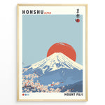 Load image into Gallery viewer, Japanske plakater | Japanese-style poster of Mount Fuji with a red sun in the background and cherry blossoms in the foreground, featuring the text &quot;Honshu Japan&quot; and &quot;Mount Fuji.&quot;
