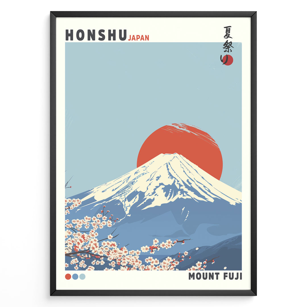 Japanske plakater | Japanese-style poster of Mount Fuji with a red sun in the background and cherry blossoms in the foreground, featuring the text "Honshu Japan" and "Mount Fuji."