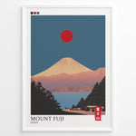 Load image into Gallery viewer, Japanske plakater | Minimalist poster of Mount Fuji at sunset with a red sun in the sky, trees and houses in the foreground, and soft pink and blue tones creating a tranquil Japanese landscape.
