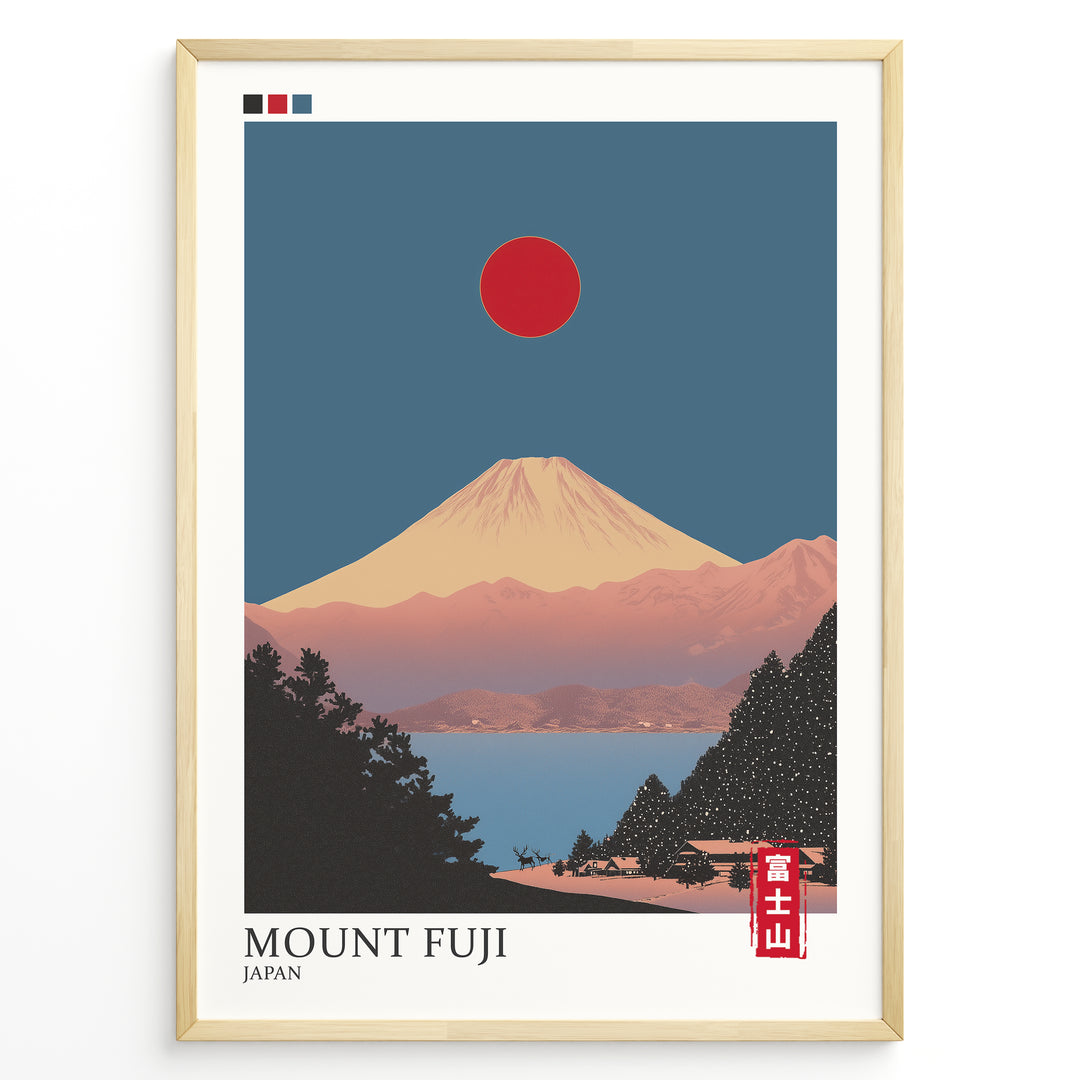 Japanske plakater | Minimalist poster of Mount Fuji at sunset with a red sun in the sky, trees and houses in the foreground, and soft pink and blue tones creating a tranquil Japanese landscape.