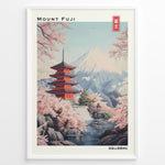 Load image into Gallery viewer, Japanske plakater | Illustration of Mount Fuji with the red Chureito Pagoda and blooming cherry blossom trees beside a river in a serene Japanese landscape.
