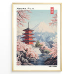 Load image into Gallery viewer, Japanske plakater | Illustration of Mount Fuji with the red Chureito Pagoda and blooming cherry blossom trees beside a river in a serene Japanese landscape.

