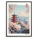 Load image into Gallery viewer, Japanske plakater | Illustration of Mount Fuji with the red Chureito Pagoda and blooming cherry blossom trees beside a river in a serene Japanese landscape.
