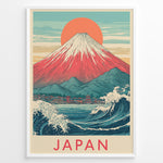 Load image into Gallery viewer, Japanske plakater | Framed vintage-style Japanese poster featuring Mount Fuji, Great Wave, red sun, and coastal town scene with “Japan” text.
