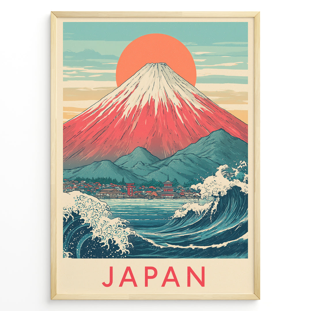 Japanske plakater | Framed vintage-style Japanese poster featuring Mount Fuji, Great Wave, red sun, and coastal town scene with “Japan” text.
