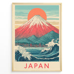 Load image into Gallery viewer, Japanske plakater | Framed vintage-style Japanese poster featuring Mount Fuji, Great Wave, red sun, and coastal town scene with “Japan” text.
