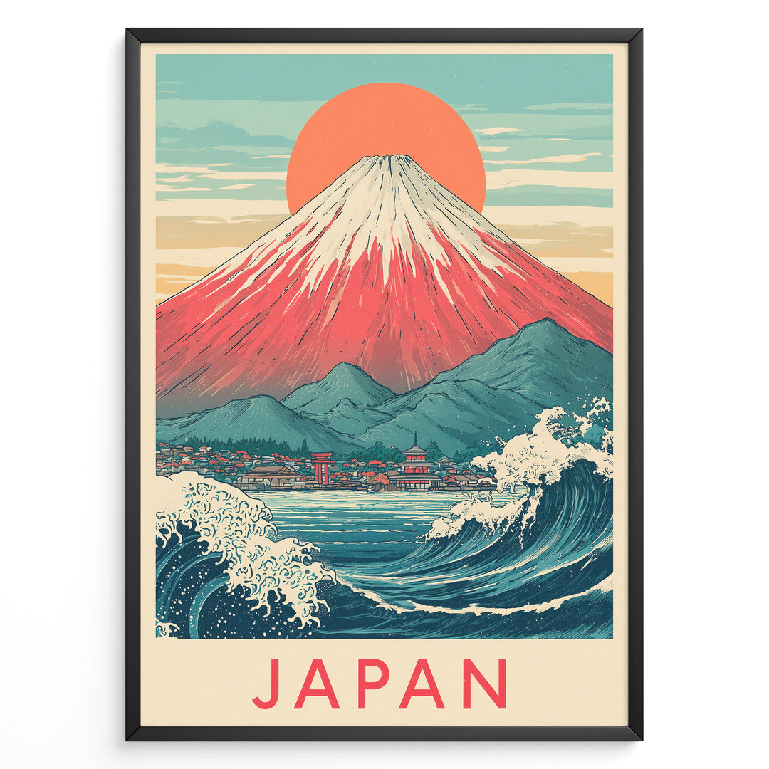 Japanske plakater | Framed vintage-style Japanese poster featuring Mount Fuji, Great Wave, red sun, and coastal town scene with “Japan” text.