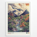 Load image into Gallery viewer, Japanske plakater | Colorful illustrated poster of Mount Koya (Koyasan), depicting lush forests, mountain peaks, flowing rivers, and traditional Japanese temples under dramatic cloud-filled skies.
