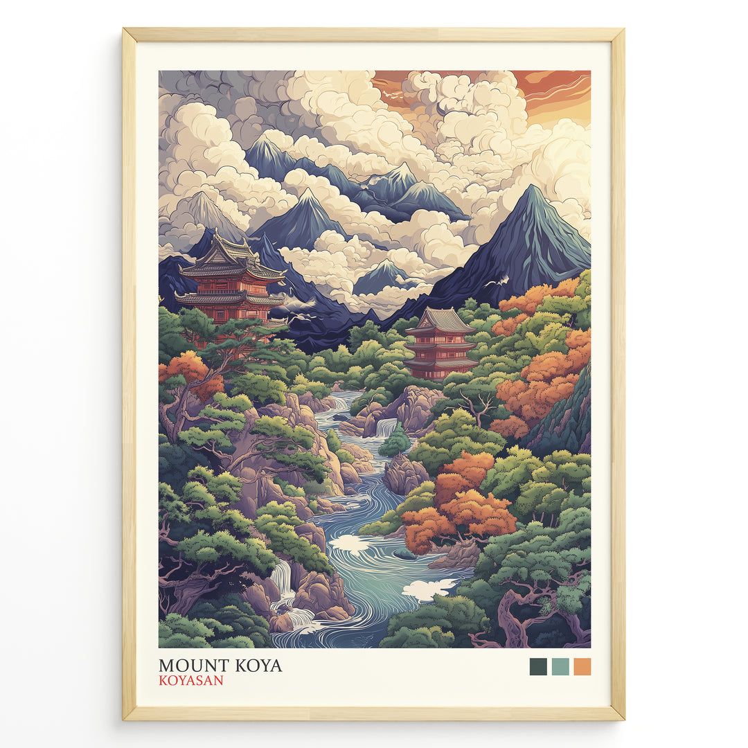 Japanske plakater | Colorful illustrated poster of Mount Koya (Koyasan), depicting lush forests, mountain peaks, flowing rivers, and traditional Japanese temples under dramatic cloud-filled skies.