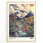 Load image into Gallery viewer, Japanske plakater | Colorful illustrated poster of Mount Koya (Koyasan), depicting lush forests, mountain peaks, flowing rivers, and traditional Japanese temples under dramatic cloud-filled skies.
