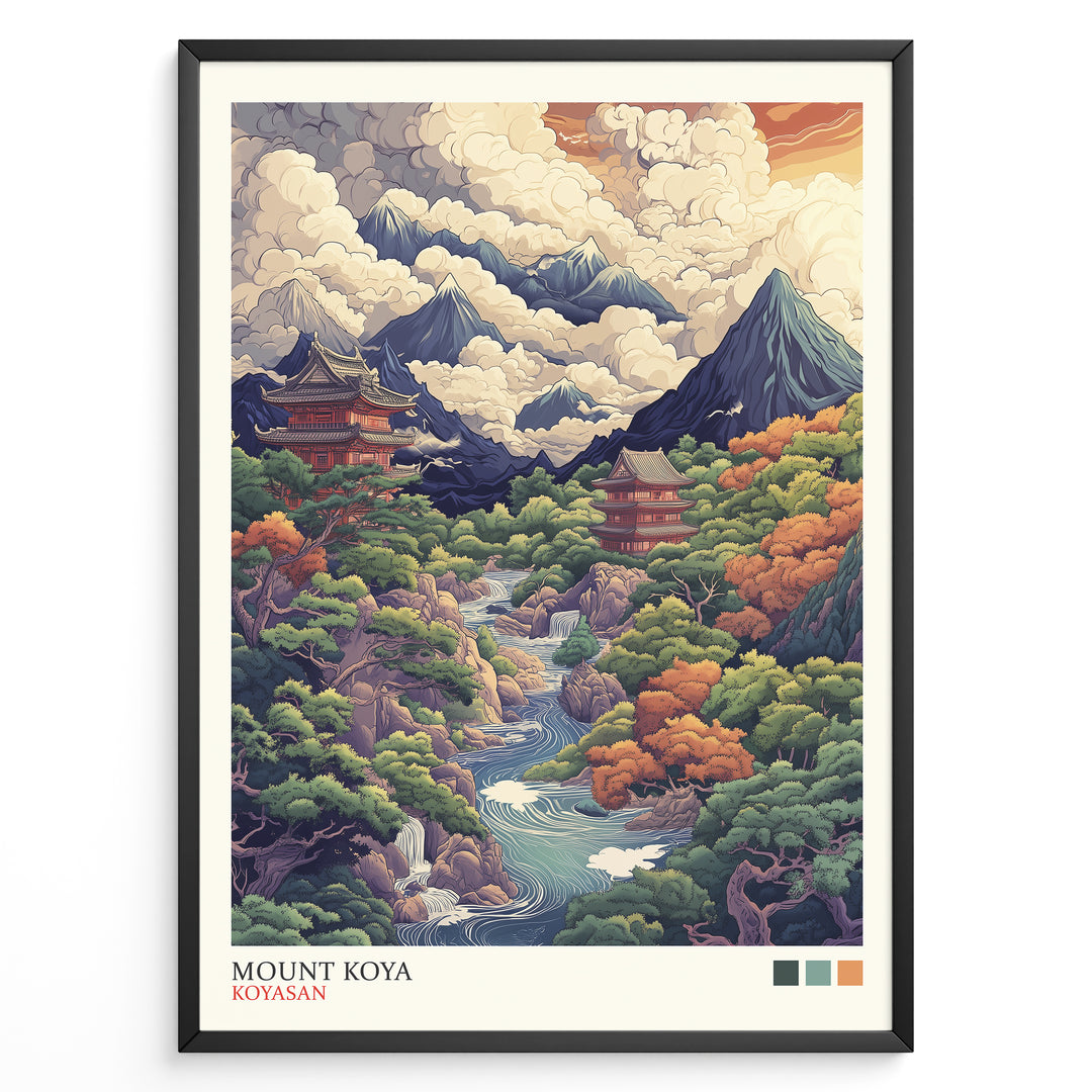 Japanske plakater | Colorful illustrated poster of Mount Koya (Koyasan), depicting lush forests, mountain peaks, flowing rivers, and traditional Japanese temples under dramatic cloud-filled skies.