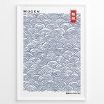 Load image into Gallery viewer, Japanske plakater | Minimalist Japanese poster with traditional blue Seigaiha wave patterns and the word &quot;Mugen&quot; (infinity) in Kanji and English.
