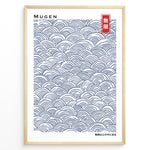 Load image into Gallery viewer, Japanske plakater | Minimalist Japanese poster with traditional blue Seigaiha wave patterns and the word &quot;Mugen&quot; (infinity) in Kanji and English.
