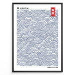 Load image into Gallery viewer, Japanske plakater | Minimalist Japanese poster with traditional blue Seigaiha wave patterns and the word &quot;Mugen&quot; (infinity) in Kanji and English.
