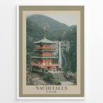 Load image into Gallery viewer, Japanske plakater | Poster of Seiganto-ji Temple with Nachi Falls in the background, surrounded by lush green mountains and traditional Japanese landscaping.
