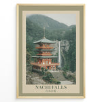Load image into Gallery viewer, Japanske plakater | Poster of Seiganto-ji Temple with Nachi Falls in the background, surrounded by lush green mountains and traditional Japanese landscaping.
