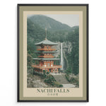 Load image into Gallery viewer, Japanske plakater | Poster of Seiganto-ji Temple with Nachi Falls in the background, surrounded by lush green mountains and traditional Japanese landscaping.
