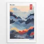 Load image into Gallery viewer, Japanske plakater | Framed artwork titled &quot;Nami&quot; showing a stylized Japanese landscape of flowing waves and foliage in blue, red, and yellow tones with intricate line patterns, and Japanese text in the top right and bottom right corners.
