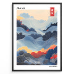 Load image into Gallery viewer, Japanske plakater | Framed artwork titled &quot;Nami&quot; showing a stylized Japanese landscape of flowing waves and foliage in blue, red, and yellow tones with intricate line patterns, and Japanese text in the top right and bottom right corners.
