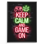 Load image into Gallery viewer, Keep Calm and Game On gaming plakat | Rød og grøn neon med controller og blad mens du nyder en Fortnite session
