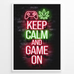 Load image into Gallery viewer, Keep Calm and Game On gaming plakat | Neon design med controller og blad – perfekt til gamer-rum
