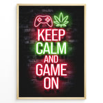 Load image into Gallery viewer, Keep Calm and Game On gaming plakat | Neon design med controller og blad – perfekt til gamer-rum

