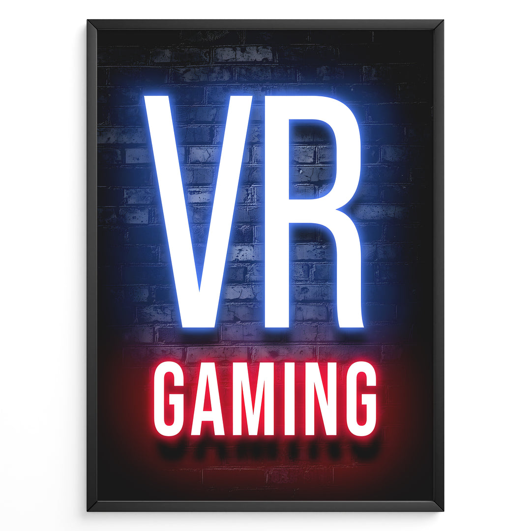 VR Gaming plakat | Neon lysdesign med stor tekst og futuristisk udtryk til gamer-væggen