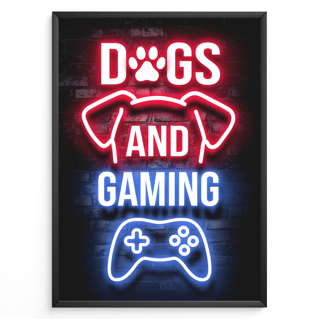 Dogs and Gaming plakat | Neon controller og hundedesign i farverig gaming-stil til dit spillerum
