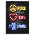 Load image into Gallery viewer, Peace Love Gaming plakat | Farverig neonkunst med fredstegn, hjerte og spillekonsol – perfekt til gamere med stil og sjæl – Plakaty.dk
