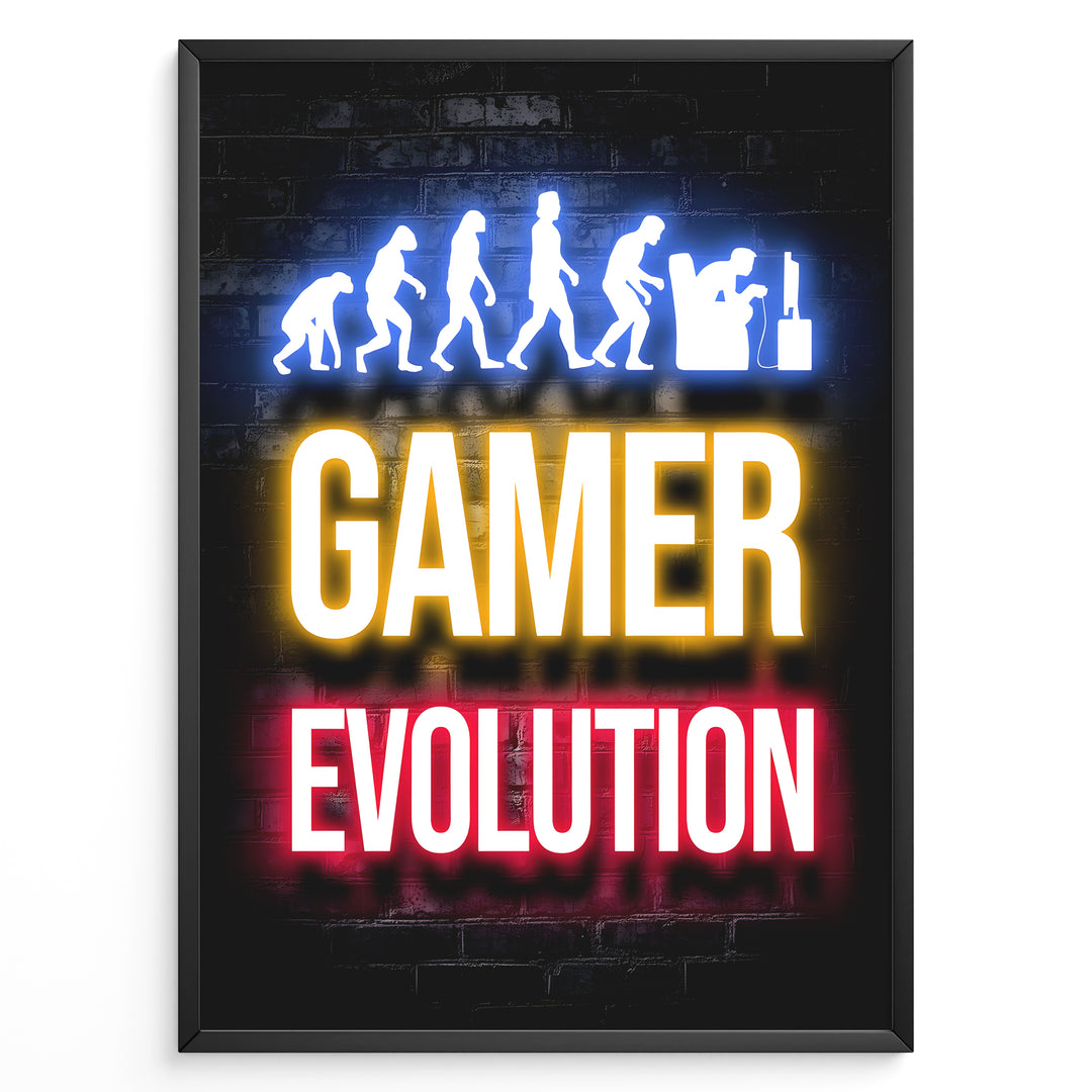Gamer Evolution plakat | Neonbillede af menneskets udvikling til gamer med farverig tekst og gaming-ikon