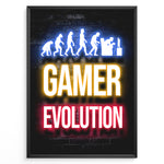 Load image into Gallery viewer, Gamer Evolution plakat | Neonbillede af menneskets udvikling til gamer med farverig tekst og gaming-ikon
