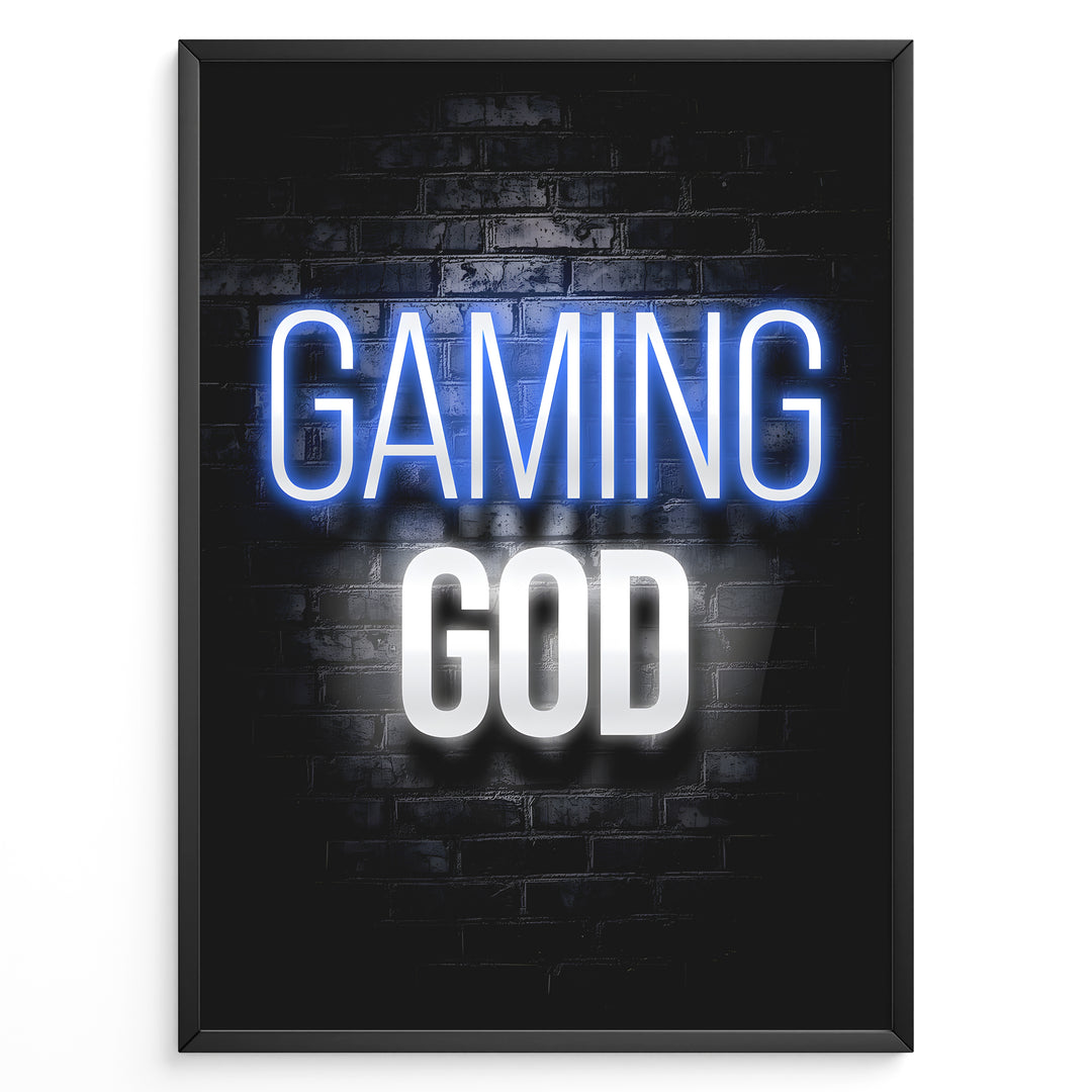 Gaming God plakat | Stilrent neon-design med blå og hvid tekst – perfekt til gamere med selvtillid og stil