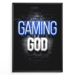 Load image into Gallery viewer, Gaming God plakat | Stilrent neon-design med blå og hvid tekst – perfekt til gamere med selvtillid og stil
