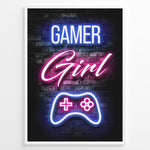 Load image into Gallery viewer, Gamer Girl gaming plakat | Neon design i pink og blå med controller mens du spiller Minecraft
