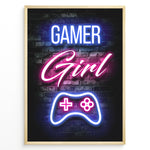Load image into Gallery viewer, Gamer Girl gaming plakat | Neon design i pink og blå med controller mens du spiller Minecraft
