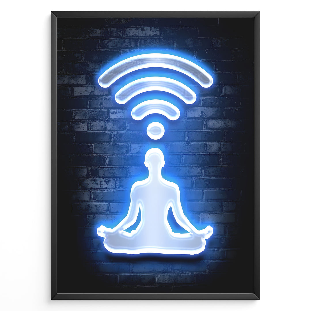 WiFi Zen plakat | Neonfigur i lotusstilling med wifi-symbol – rolig og moderne vægkunst med tech-twist